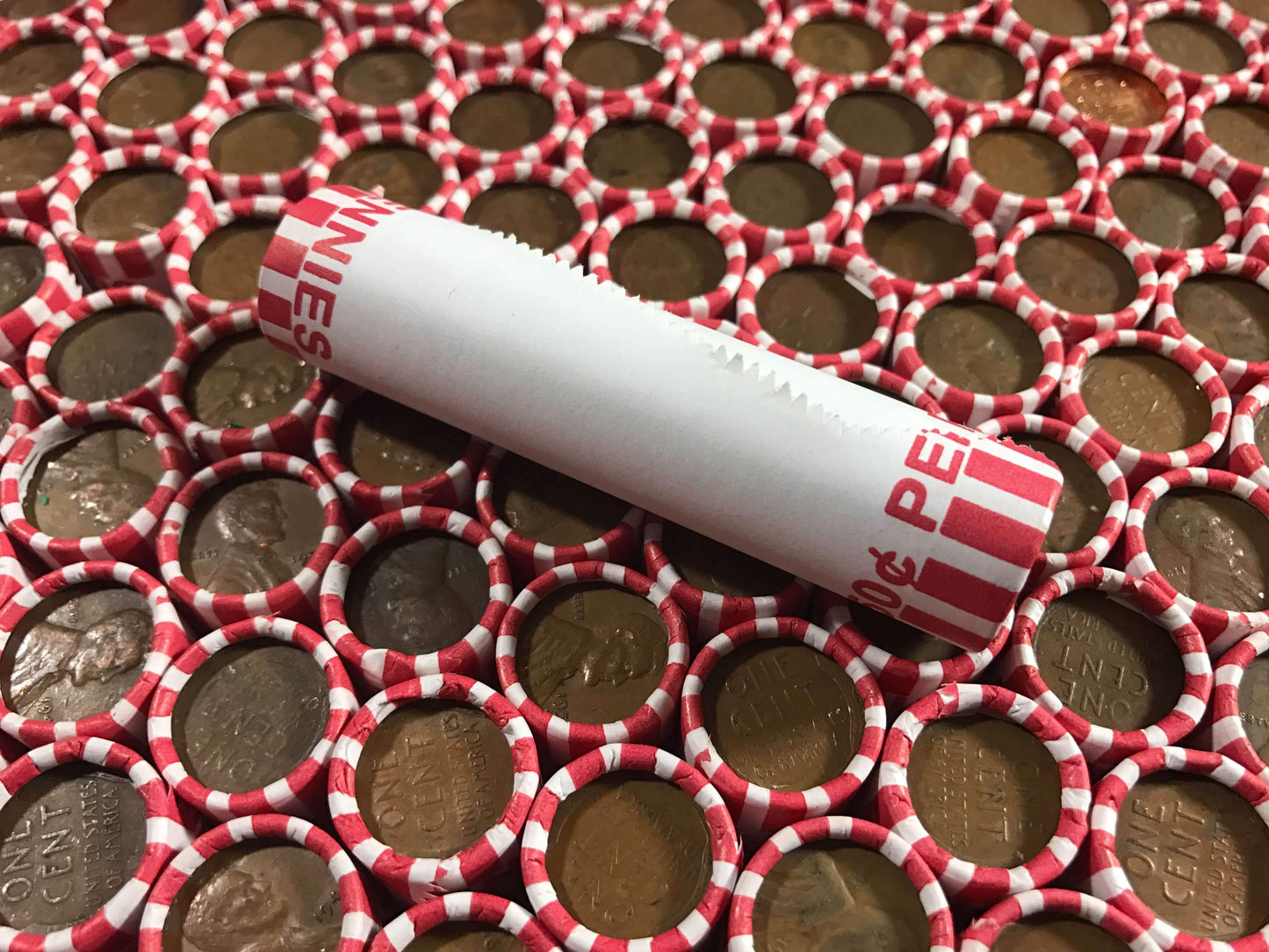 TIGHTLY CRIMPED WHITE BANK WRAPPED ROLLS OF OLD WHEAT PENNIES