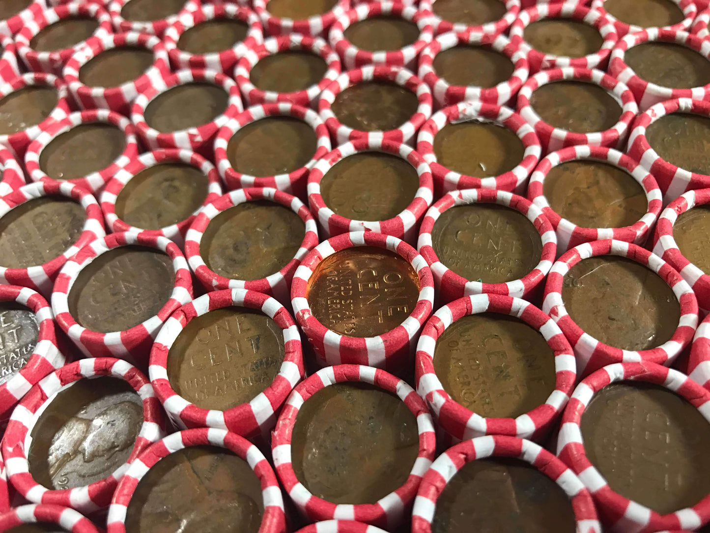 TIGHTLY CRIMPED WHITE BANK WRAPPED ROLLS OF OLD WHEAT PENNIES