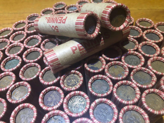 TIGHTLY CRIMPED ROLLS OF OLD UNITED STATES WHEAT & INDIAN HEAD CENTS