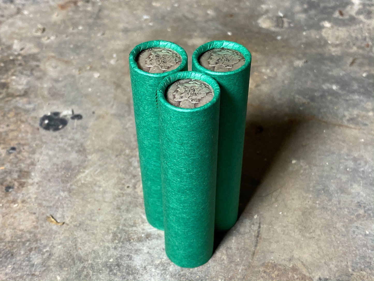 SILVER MERCURY DIME showing on vintage unsearched old green wheat penny roll us coins estate collection cent sale pennies lot hoard