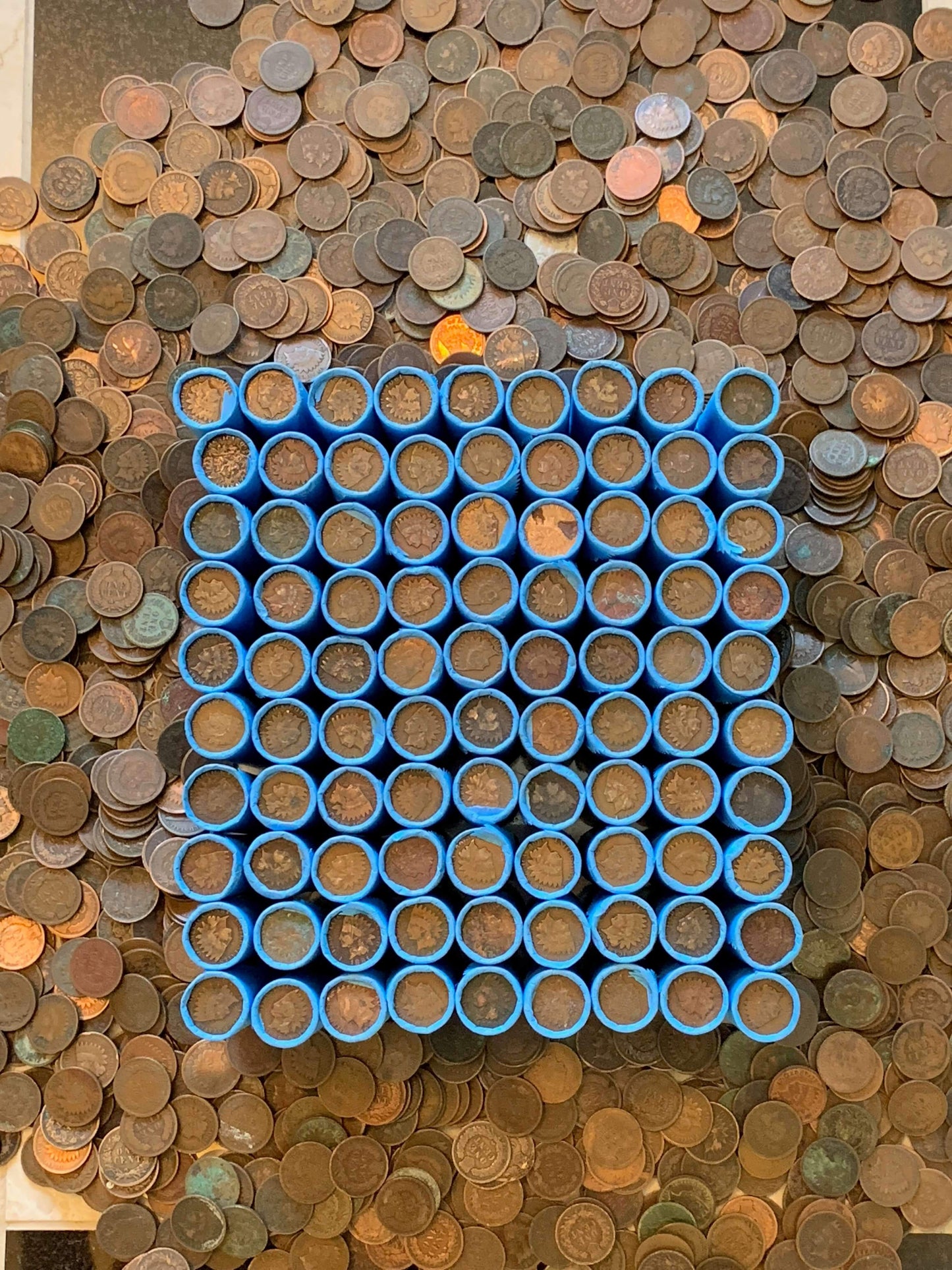 VINTAGE BLUE BANK ROLL WITH INDIAN HEAD CENTS SHOWING