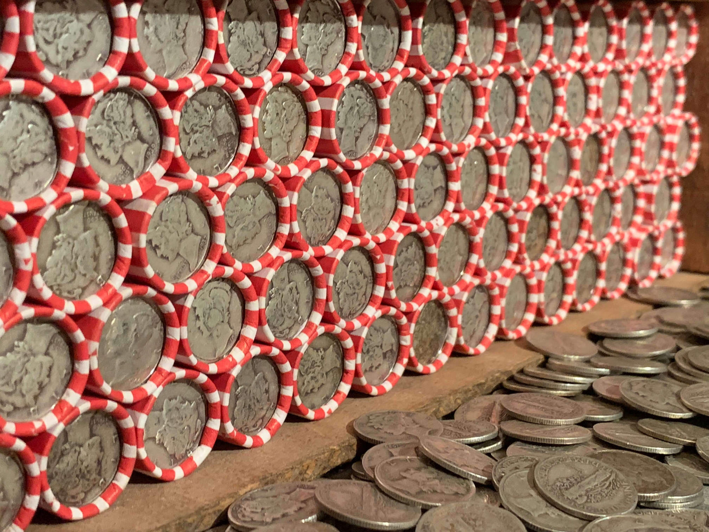 VINTAGE RED & WHITE BANK ROLL WITH A SILVER DIME SHOWING