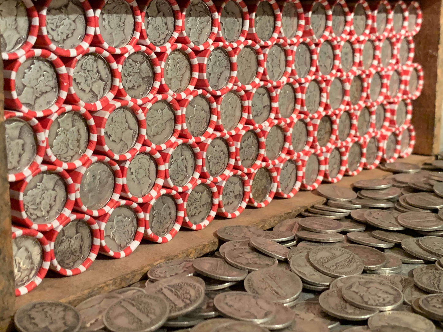 VINTAGE RED & WHITE BANK ROLL WITH A SILVER DIME SHOWING