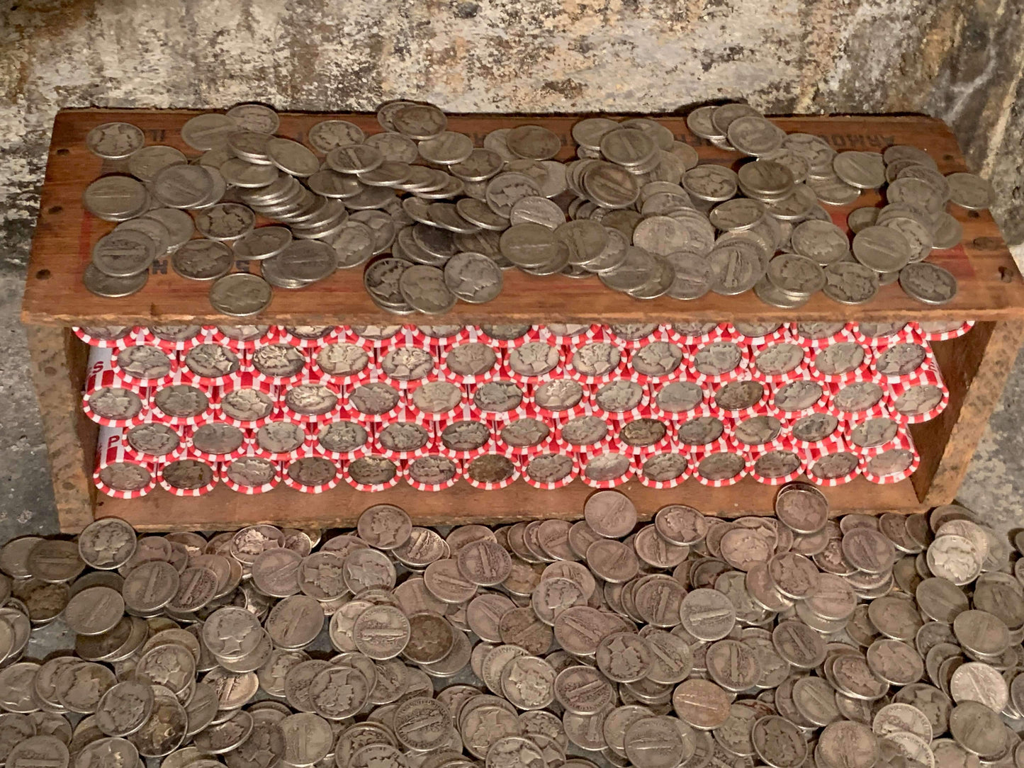 VINTAGE RED & WHITE BANK ROLL WITH A SILVER DIME SHOWING