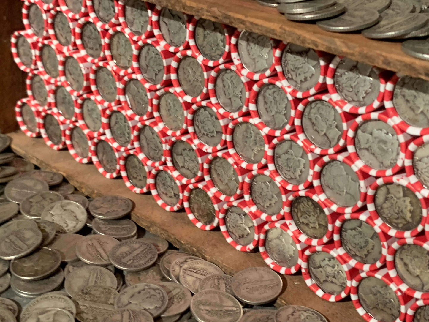 VINTAGE RED & WHITE BANK ROLL WITH A SILVER DIME SHOWING