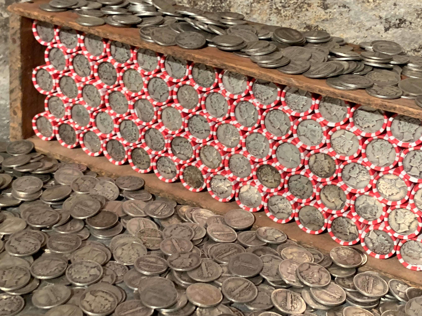 VINTAGE RED & WHITE BANK ROLL WITH A SILVER DIME SHOWING