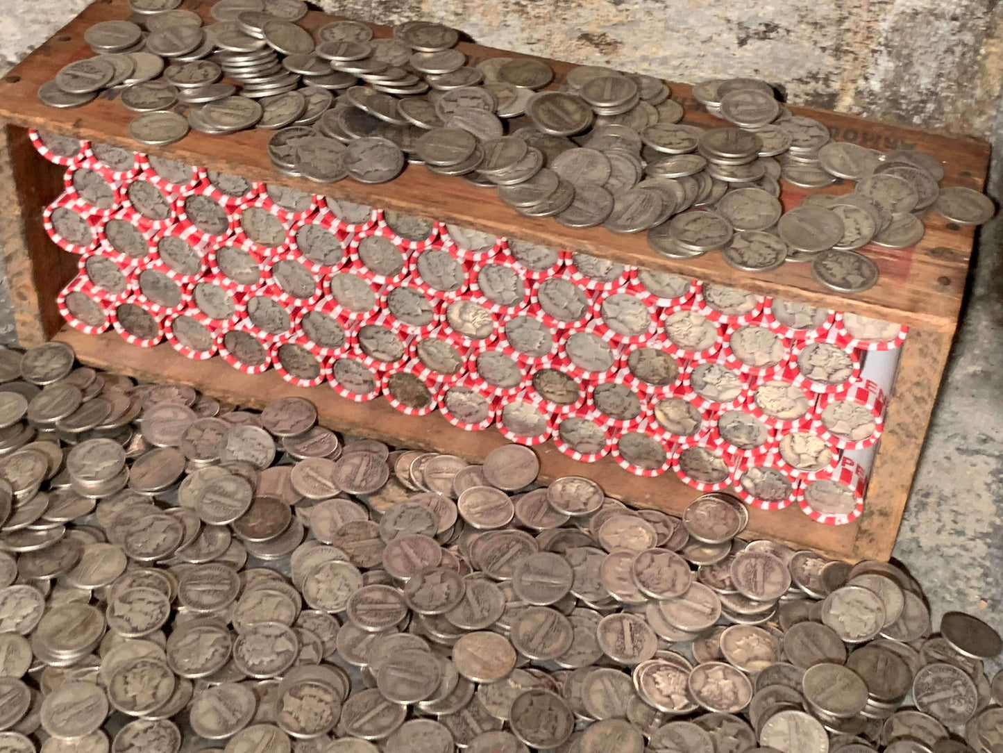 VINTAGE RED & WHITE BANK ROLL WITH A SILVER DIME SHOWING