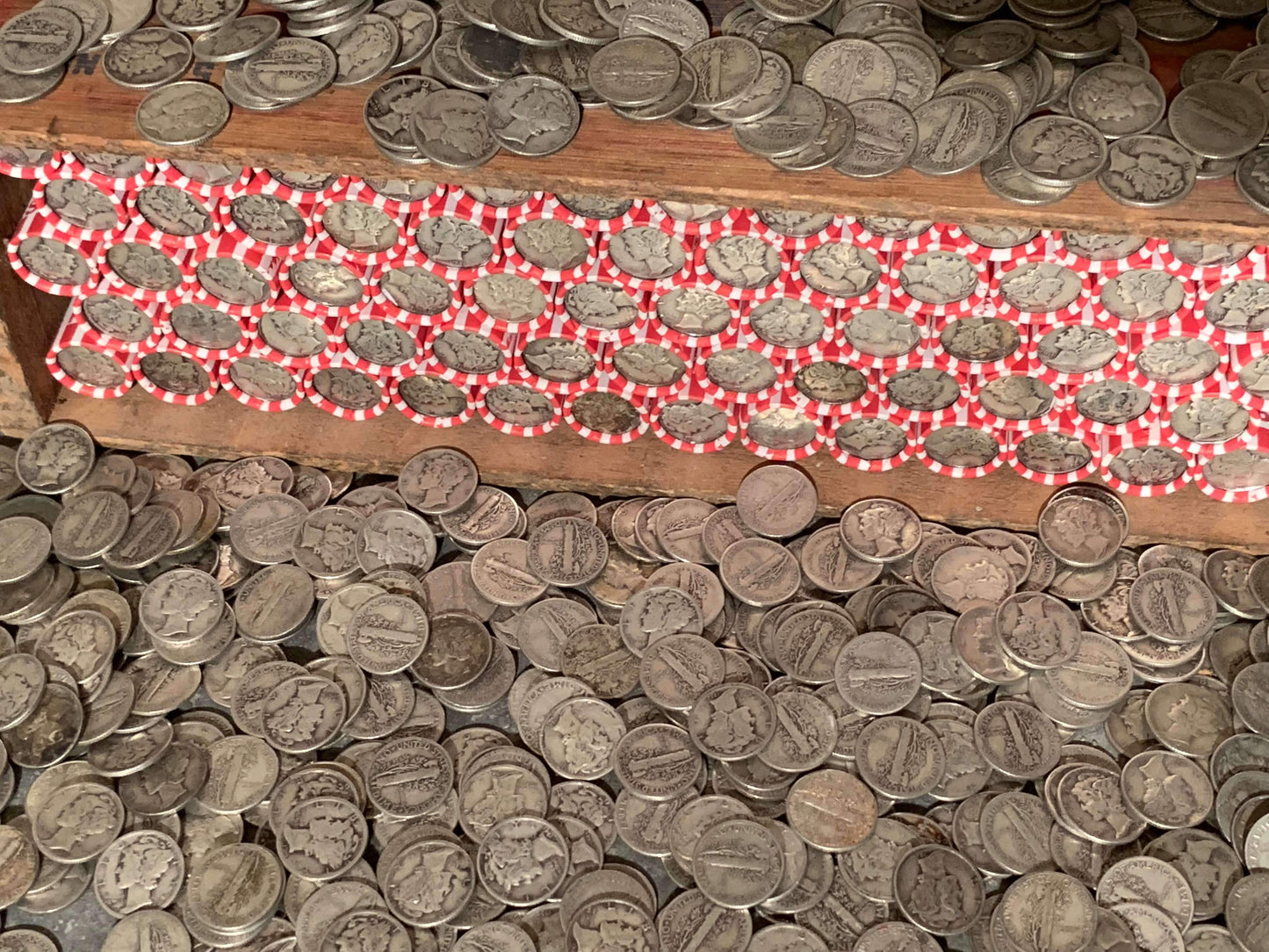 VINTAGE RED & WHITE BANK ROLL WITH A SILVER DIME SHOWING