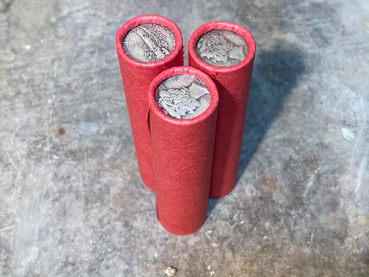 SILVER MERCURY DIME showing on vintage unsearched old red wheat penny roll us coins estate collection cent sale pennies lot hoard