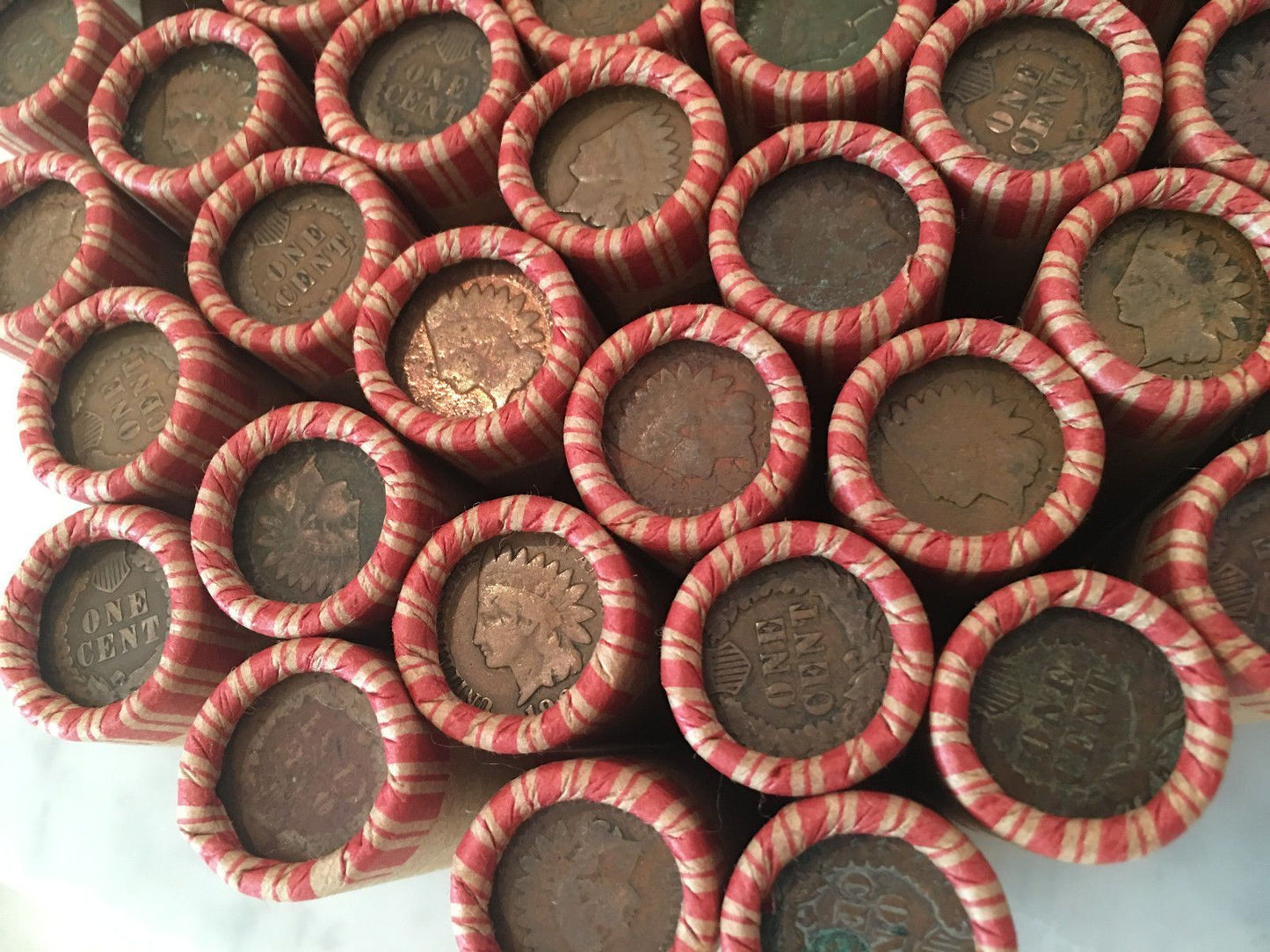 OLD WHEAT PENNY ROLLS WITH INDIAN HEAD CENTS SHOWING