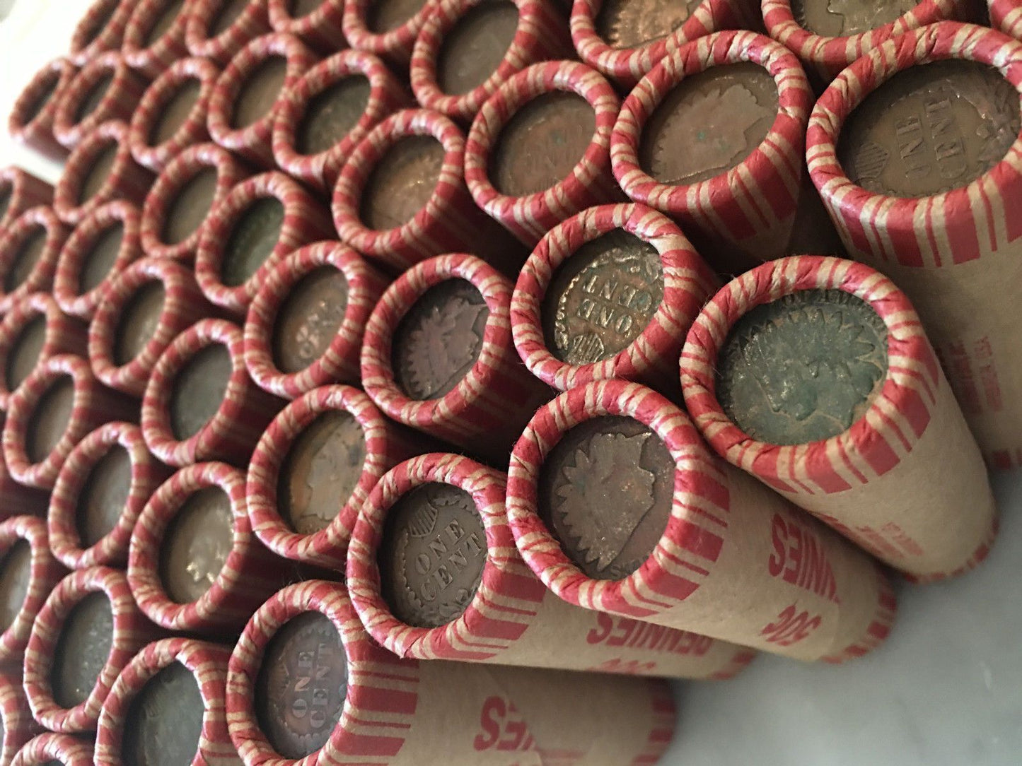 OLD WHEAT PENNY ROLLS WITH INDIAN HEAD CENTS SHOWING